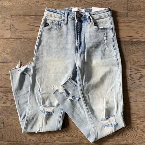 KanCan Mom High Waist Relaxed Thigh Tapered Leg Distressed Frayed Hem Jeans